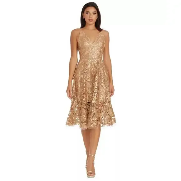 Dress the Population Sequin Lace Blair Dress Floral Gold Nude Size L NWT